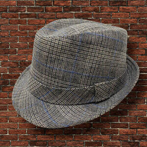 Concept One Sz L Gray Blue Plaid Fedora Gangster Hat Trilby Cuban Wool Blend
